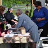 The registration table: Patti Richards, MJ Crance, Aliza Druzba, Cindy Mattson, Penthea Burns, John Habermehl